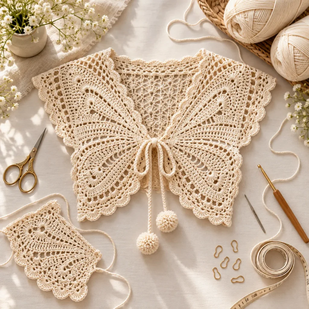 Ivory Crochet Yarn, Crochet Hook, and Butterfly Lace Materials