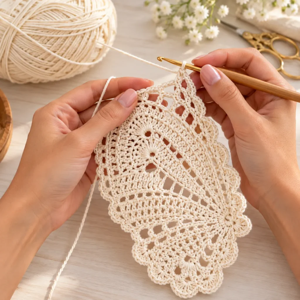 Early Construction: Crocheting an Ivory Butterfly Wing Lace Panel