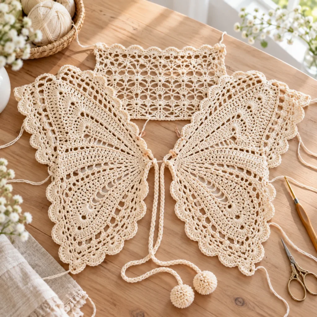 Mid-Project: Two Ivory Butterfly Wing Panels and Lace Back Section