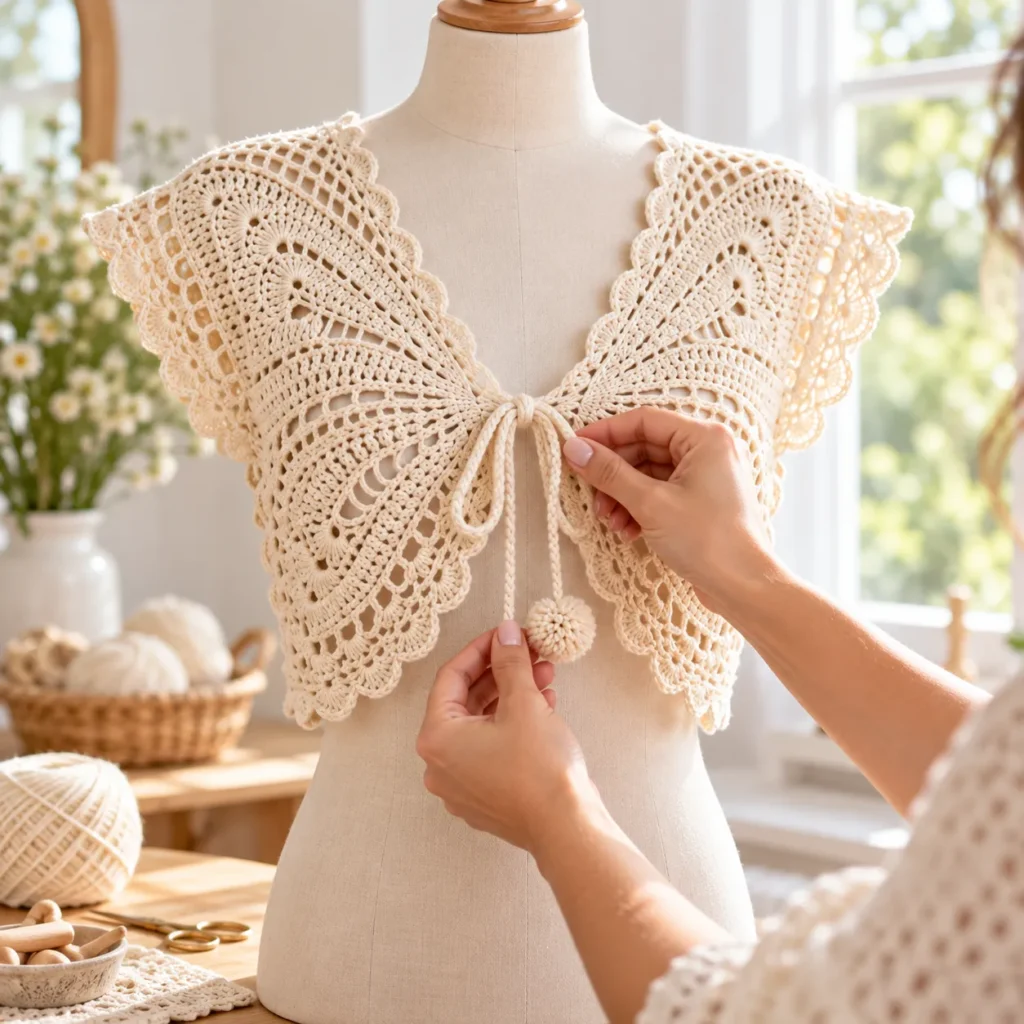 Finishing: Attaching the Crochet Bow and Pom-Pom Ties