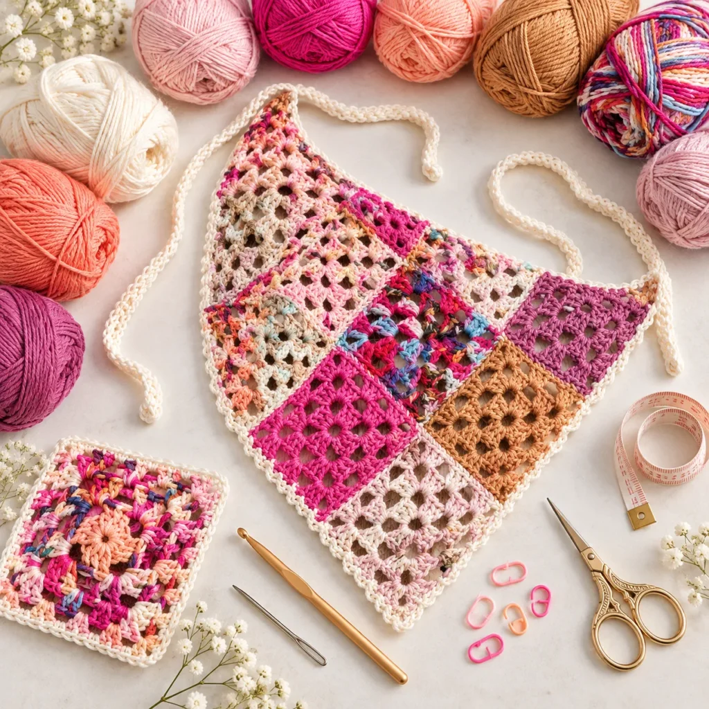 Colorful Cotton Yarn, Crochet Hook, Granny Squares, and Bandana Materials