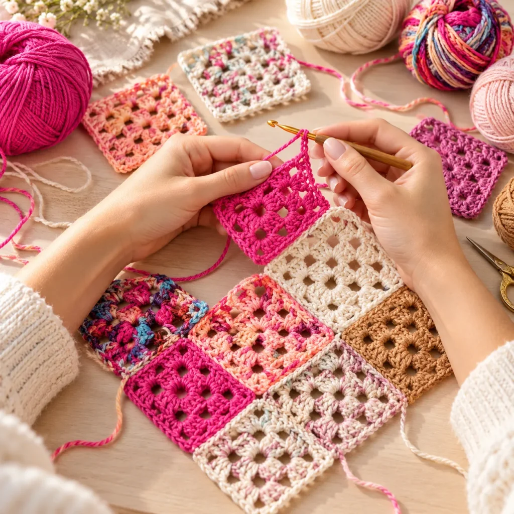 Early Construction: Crocheting a Bright Pink Granny Square Motif