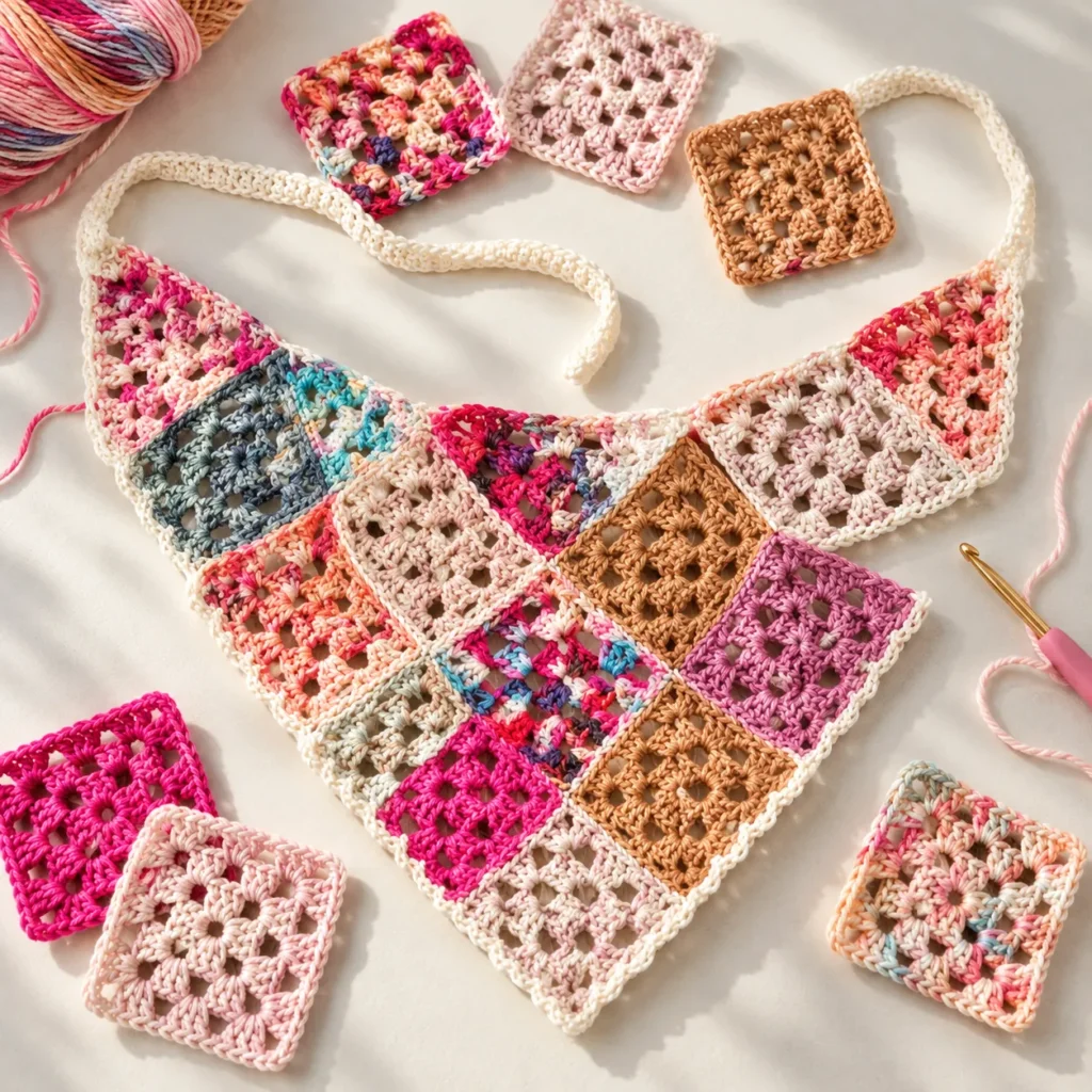 Mid-Project: Colorful Granny Squares Arranged Into a Triangular Crochet Bandana