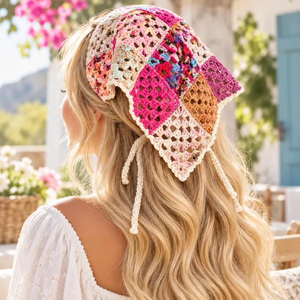 Finished Colorful Crochet Bandana Styled with Long Wavy Hair in a Sunny Cottage Garden