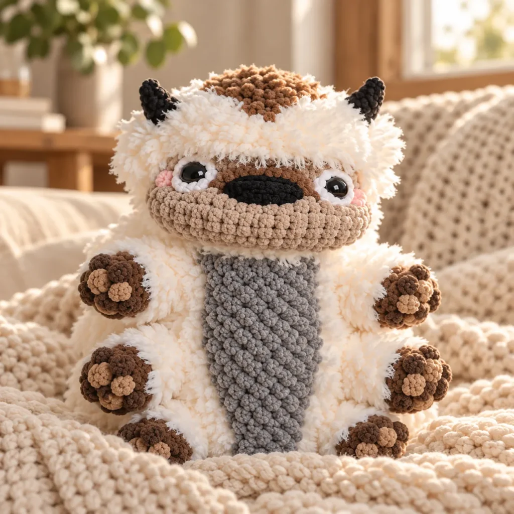 Baby Appa sitting on a cozy cream blanket, showing the complete plush.