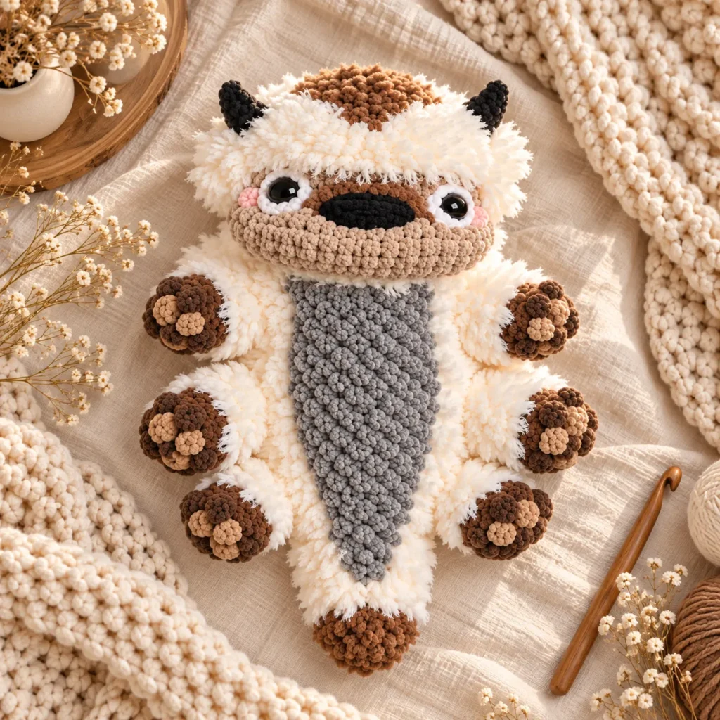 Flat-lay photograph showing Baby Appa's entire body, six paws, and fluffy texture.