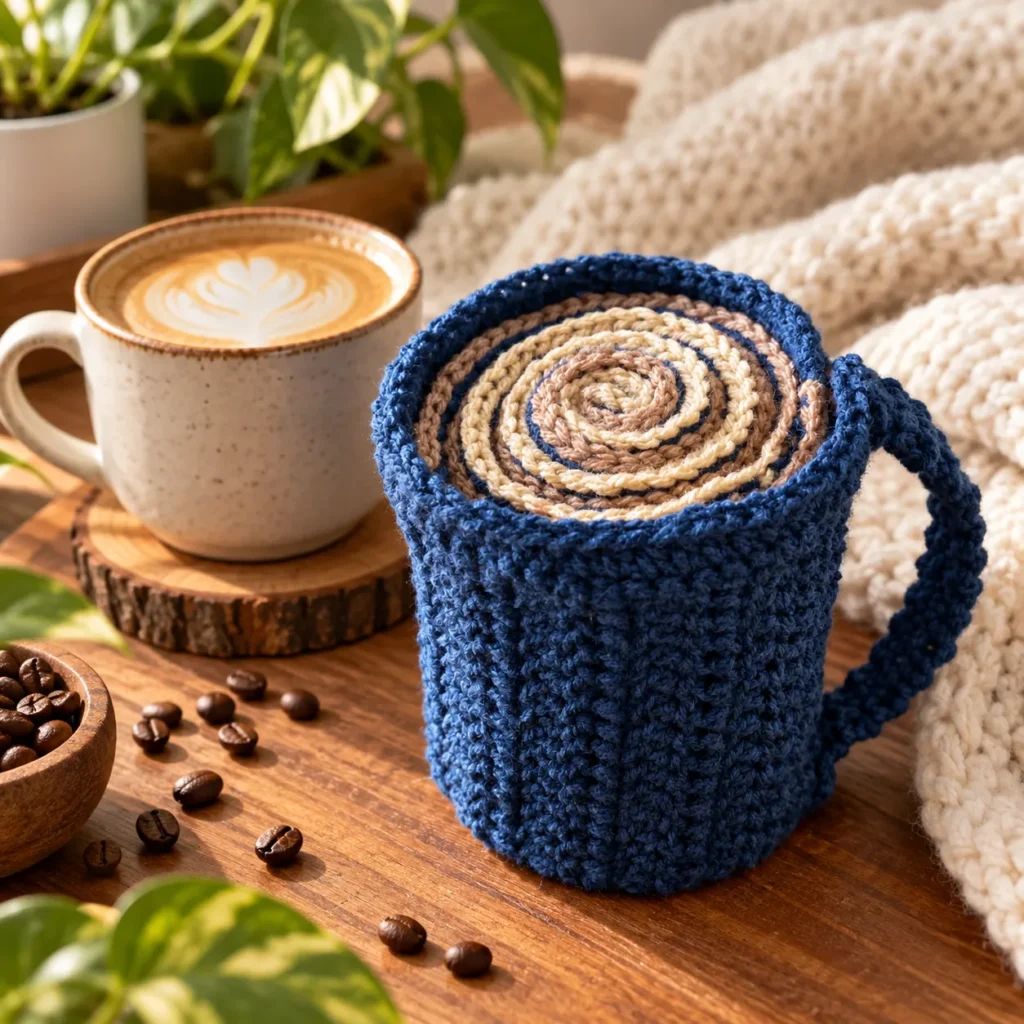 Finished Coffee Cup Scarf styled beside a real latte