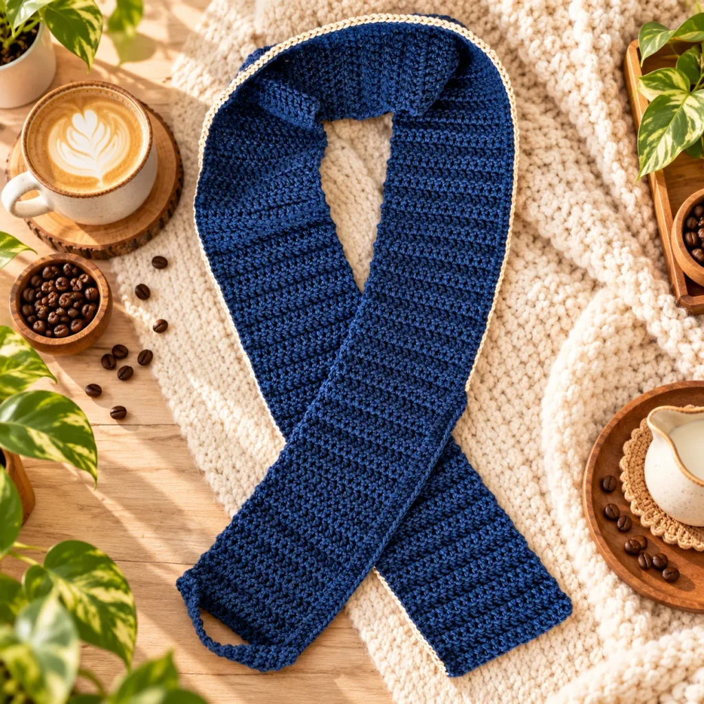  Full scarf laid flat, showing the midnight navy yarn and contrast edging