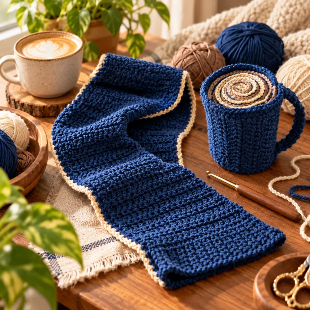 Coffee Cup Scarf displayed with yarn, crochet hook, and cozy craft supplies