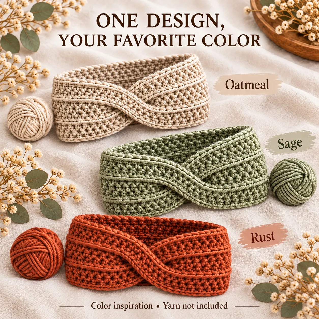 Crochet Ear Warmer Pattern — Oatmeal, sage, and rust
