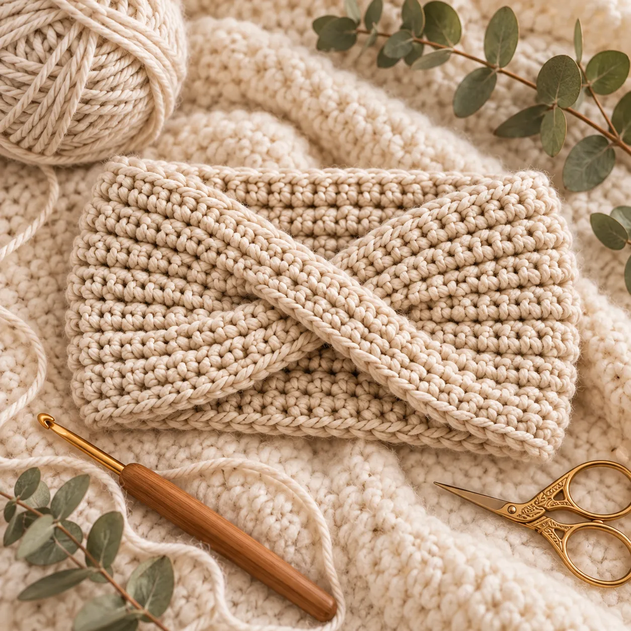 Woman wearing the sage ear warmer outdoors.