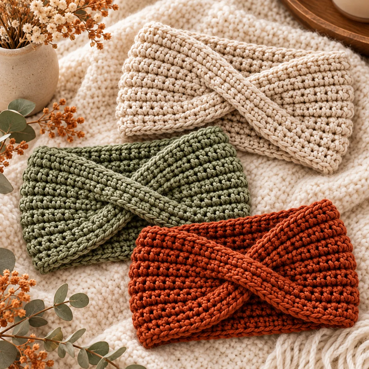 Oatmeal ear warmer held in two hands, showing the texture.