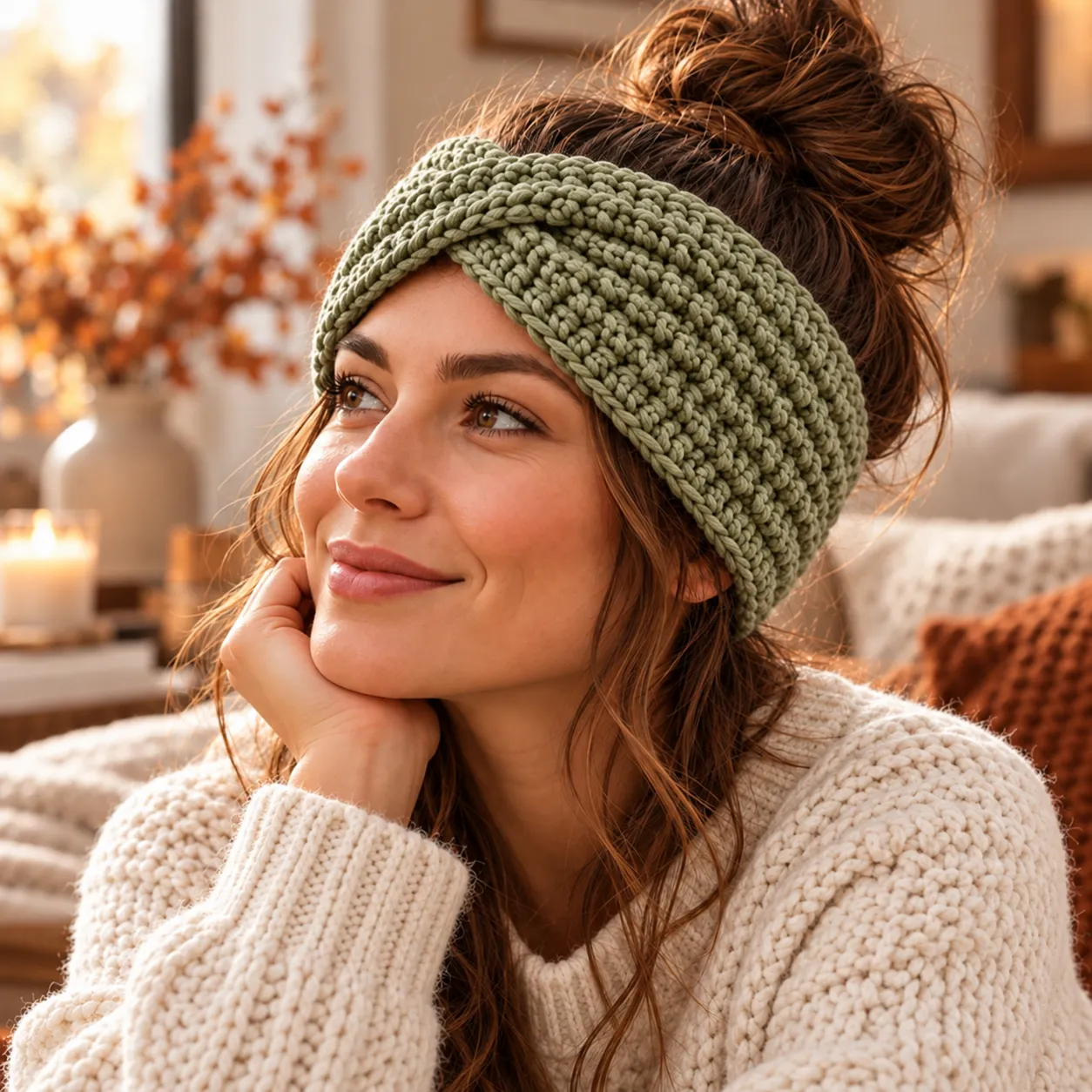 Three ear warmers with matching yarn in oatmeal, sage, and rust.