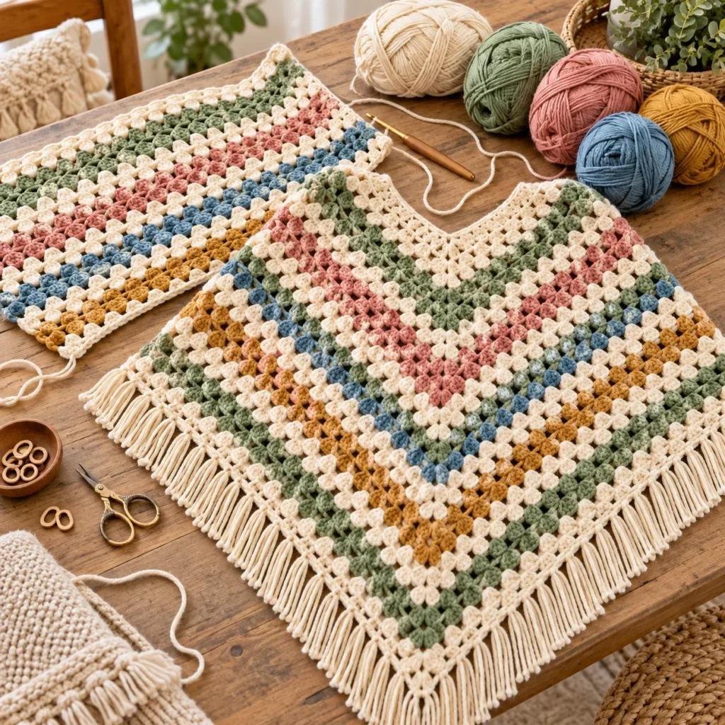 Mid-Project: Colorful Granny Stripe Poncho Taking Shape