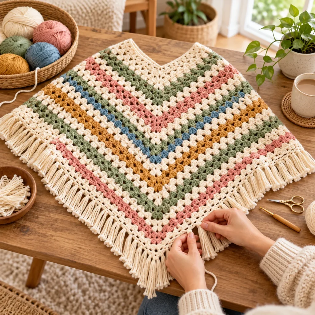 Finishing the Poncho with Cream Crochet Fringe