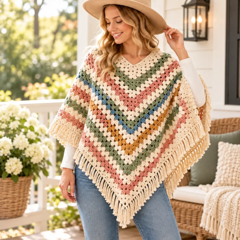 Finished Crochet Poncho in a Beautiful Lifestyle Setting