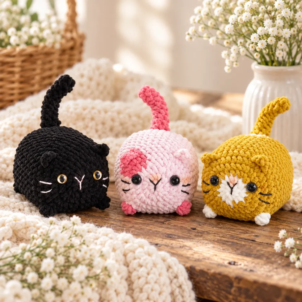 All three crochet loaf cats together on a cozy wooden surface