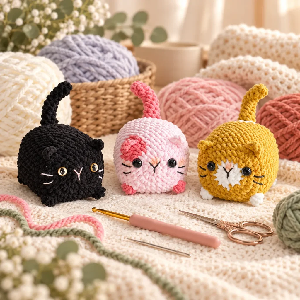 Three cat colorways displayed together, highlighting their colors and facial details