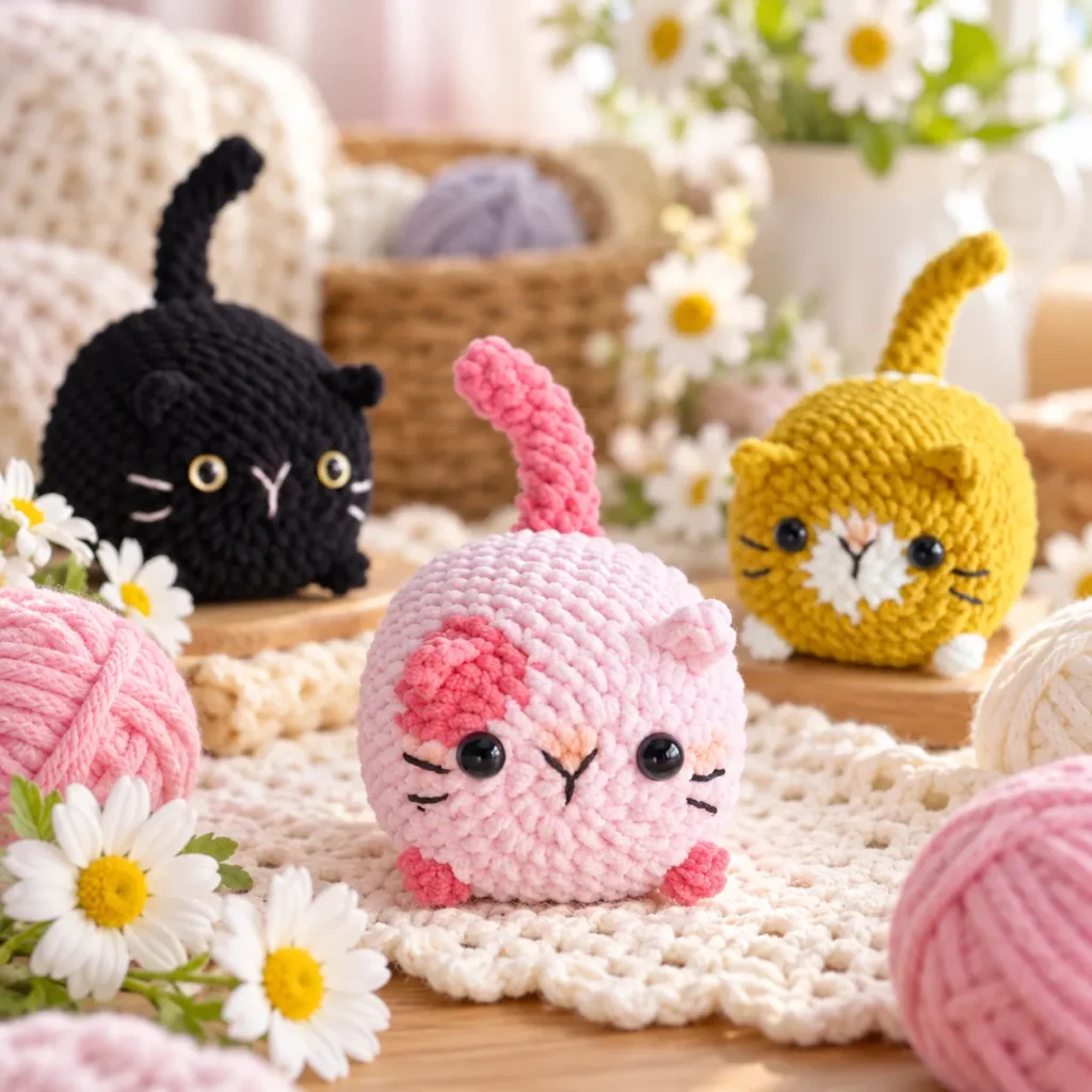 The crochet loaf cats surrounded by plush yarn, a crochet hook, and craft supplies