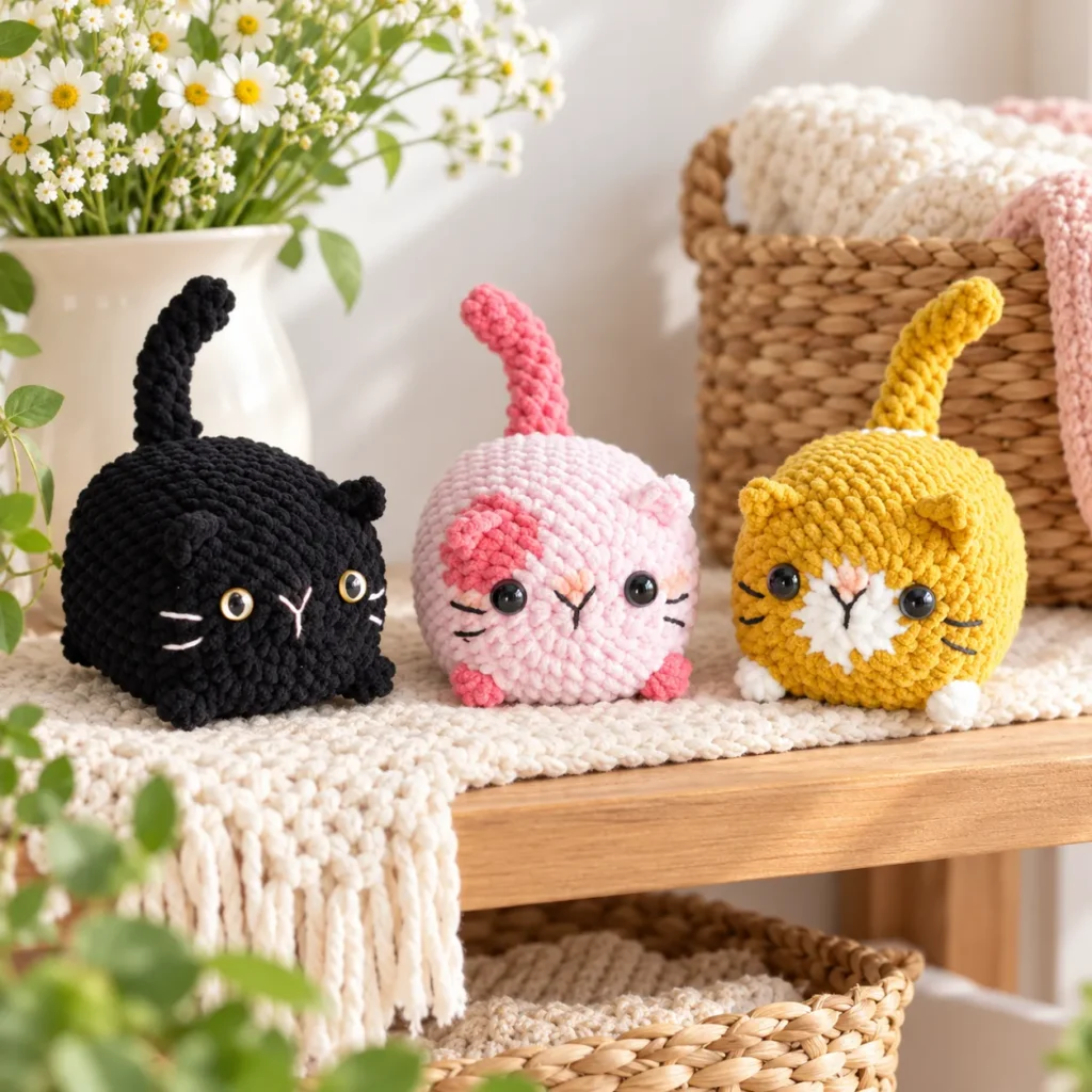 Cozy overhead photograph showing the three cats, plush yarn textures, and handmade details