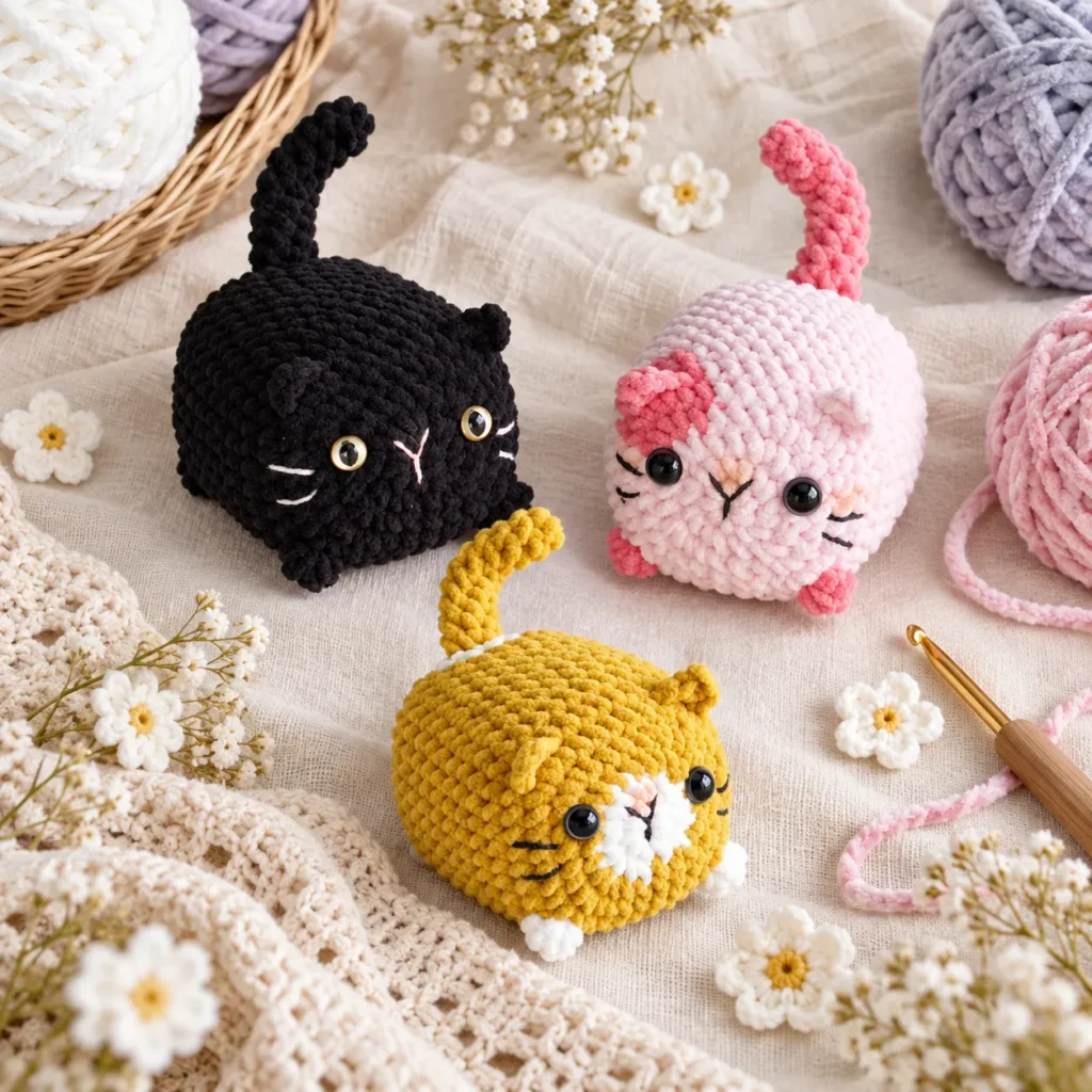 All three completed loaf cats displayed together on a cozy craft-room shelf