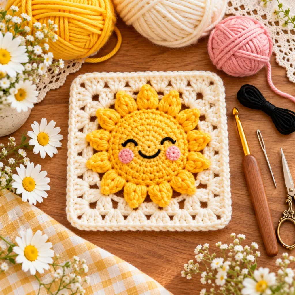 Sunshine Granny Square with yarn, hook, needle, scissors, and floral styling