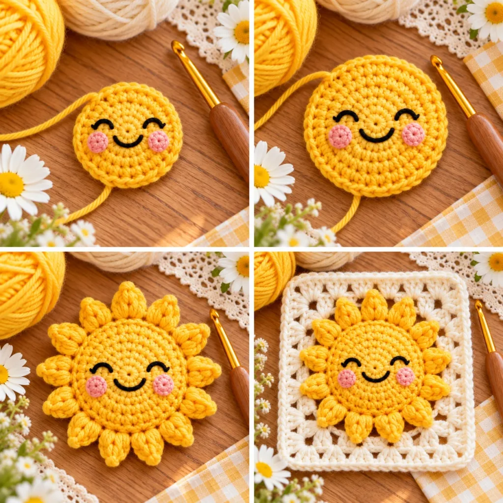 Four-stage Sunshine Granny Square construction collage