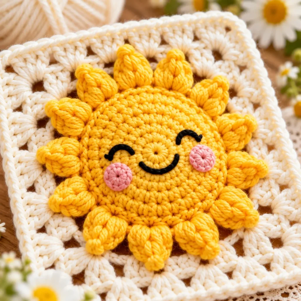 Close-up photograph showing the textured golden rays, embroidered smile, and pink cheeks