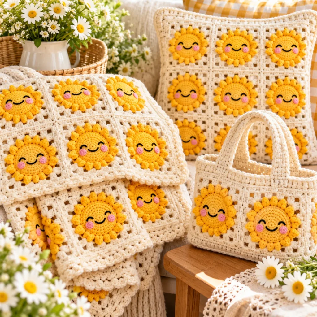 Cozy sunshine crochet blanket, decorative cushion, and tote bag project inspiration 