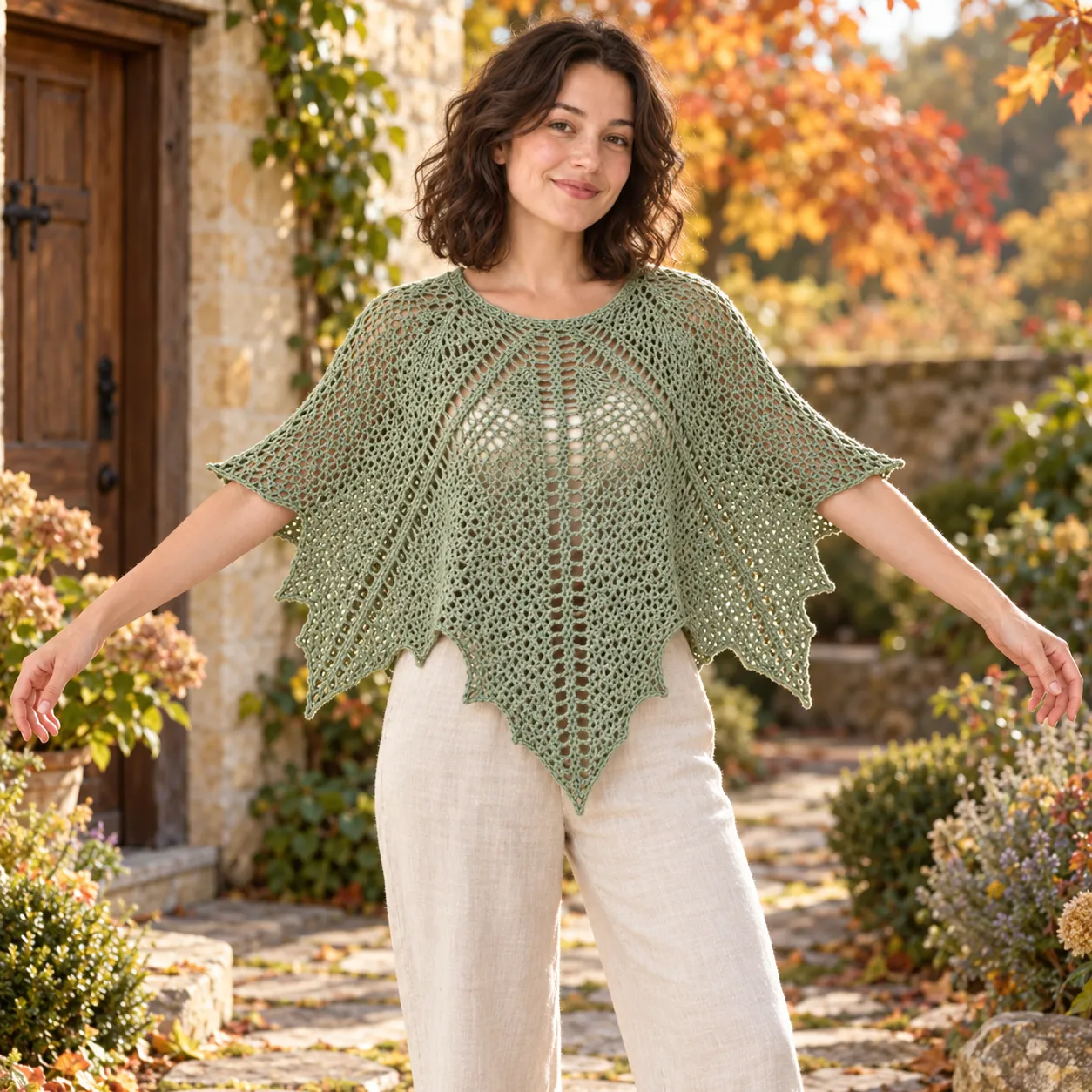 Sage green Maple Leaf crochet poncho
