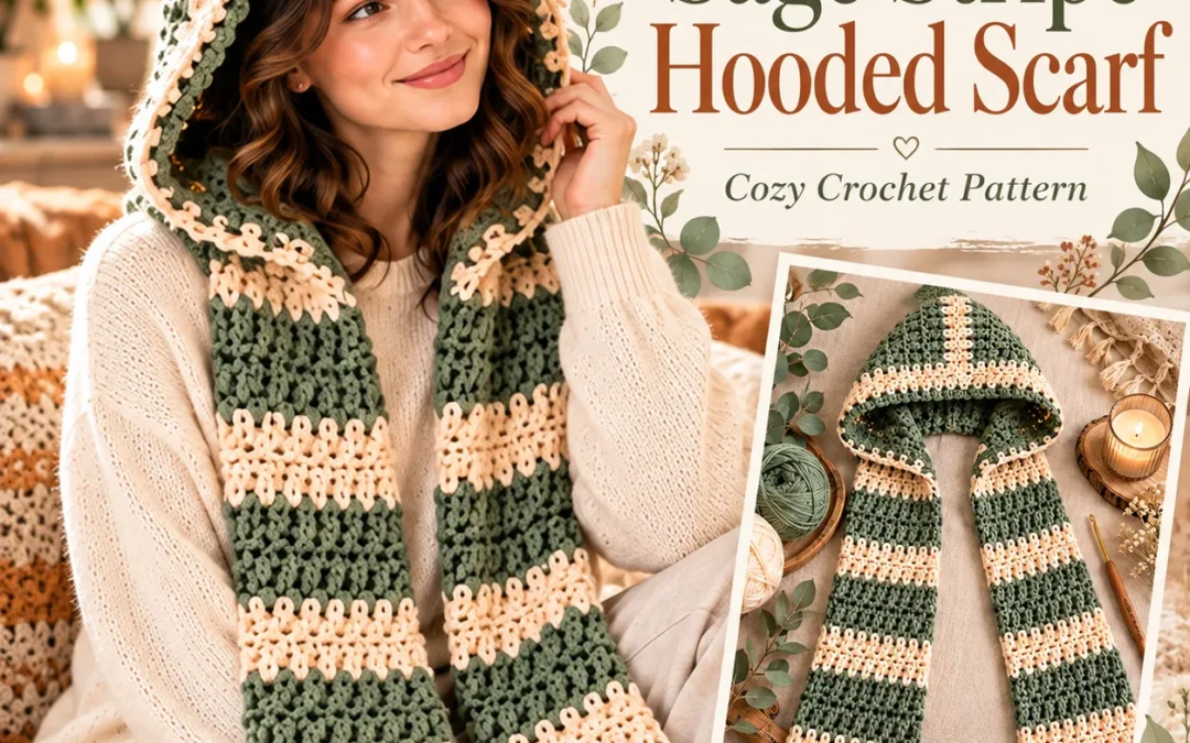 Sage Stripe Hooded Scarf Crochet Pattern: A Cozy No-Sew Scoodie for Winter