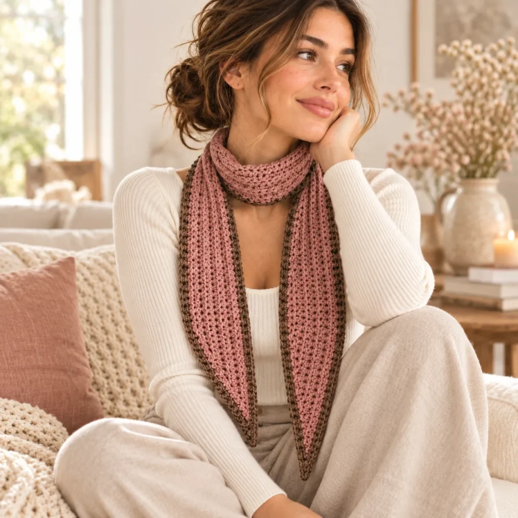 Cozy lifestyle portrait of a woman wearing the Sophie scarf